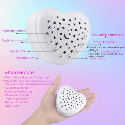 A13 White Noise Machine & Baby Sleep Soother with 15 Soothing Sounds & Projector Night Light Music Box, Cry Sensor, Rechargeable, Portable for Newborns, Toddlers, Attaches to Crib